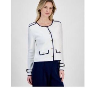 T Tahari White and Navy Cardigan